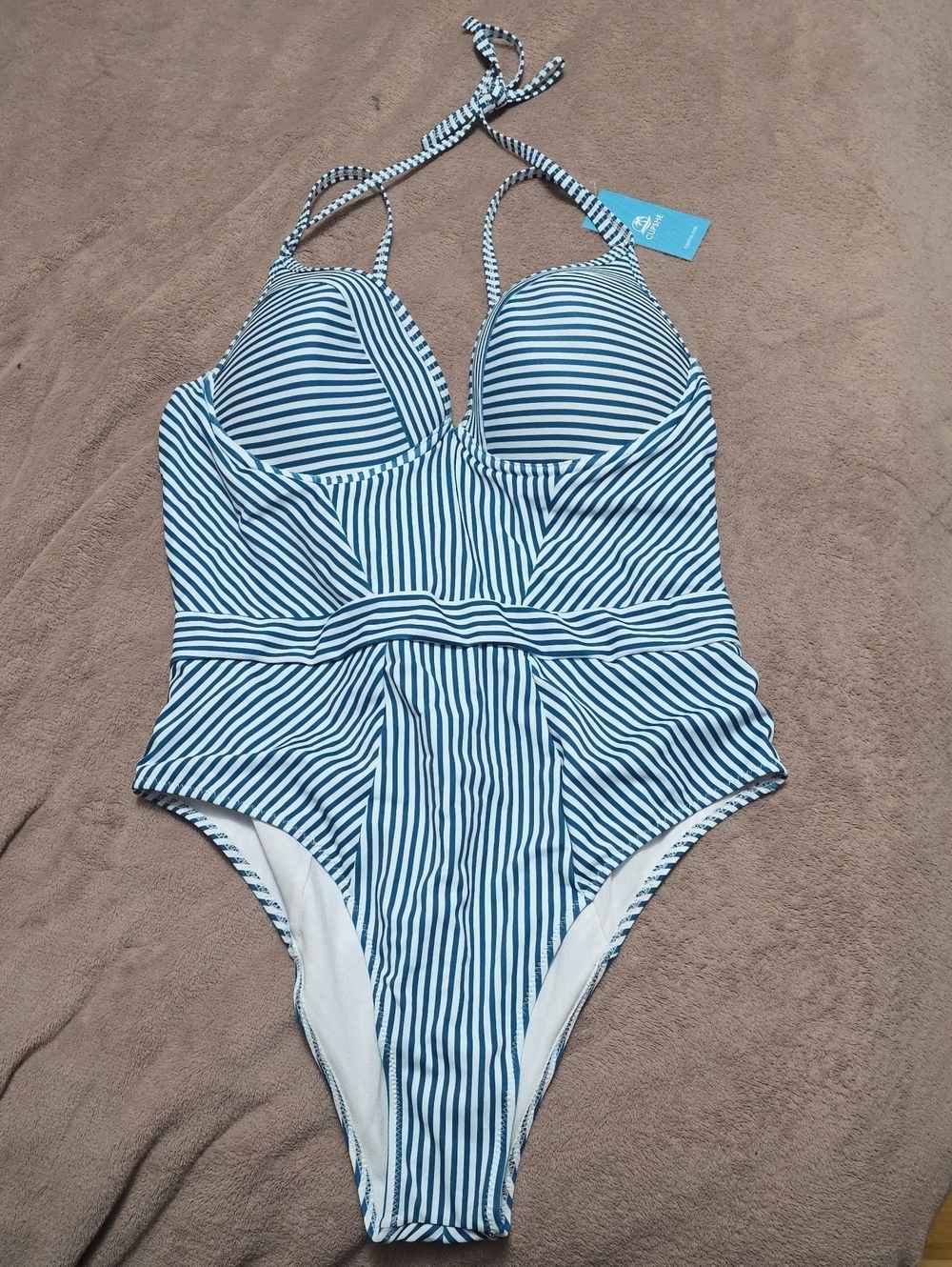 Cupshe Blue and White Striped Halter One-Piece Swimsuit